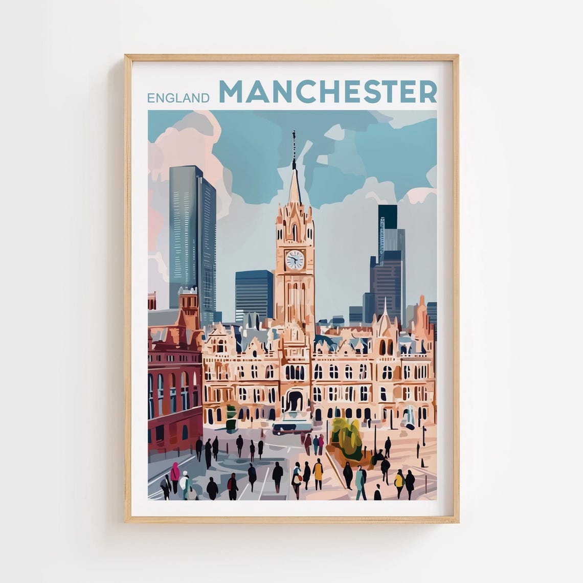 Manchester England Town Hall Clock Tower City Square Travel Poster