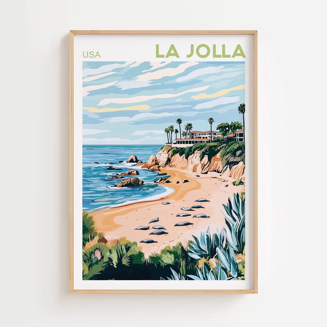 La Jolla California Seal Beach Cliffs Ocean Vintage Travel Poster