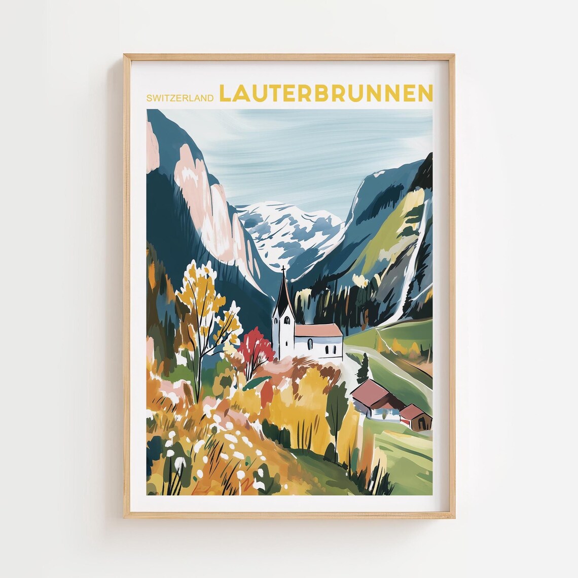 Lauterbrunnen Switzerland Alpine Valley Waterfall Watercolor Poster
