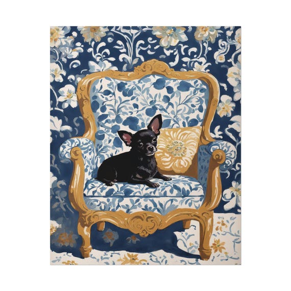 Cute Pudgy Black Chihuahua Art Print Dog Lover Gift Blue Floral Chinoiserie Wall Poster Gouache Painting Unique Home Decor
