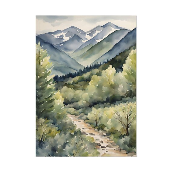 Mountain Trail Watercolor Peaks Forest Stream Hiking Landscape Poster