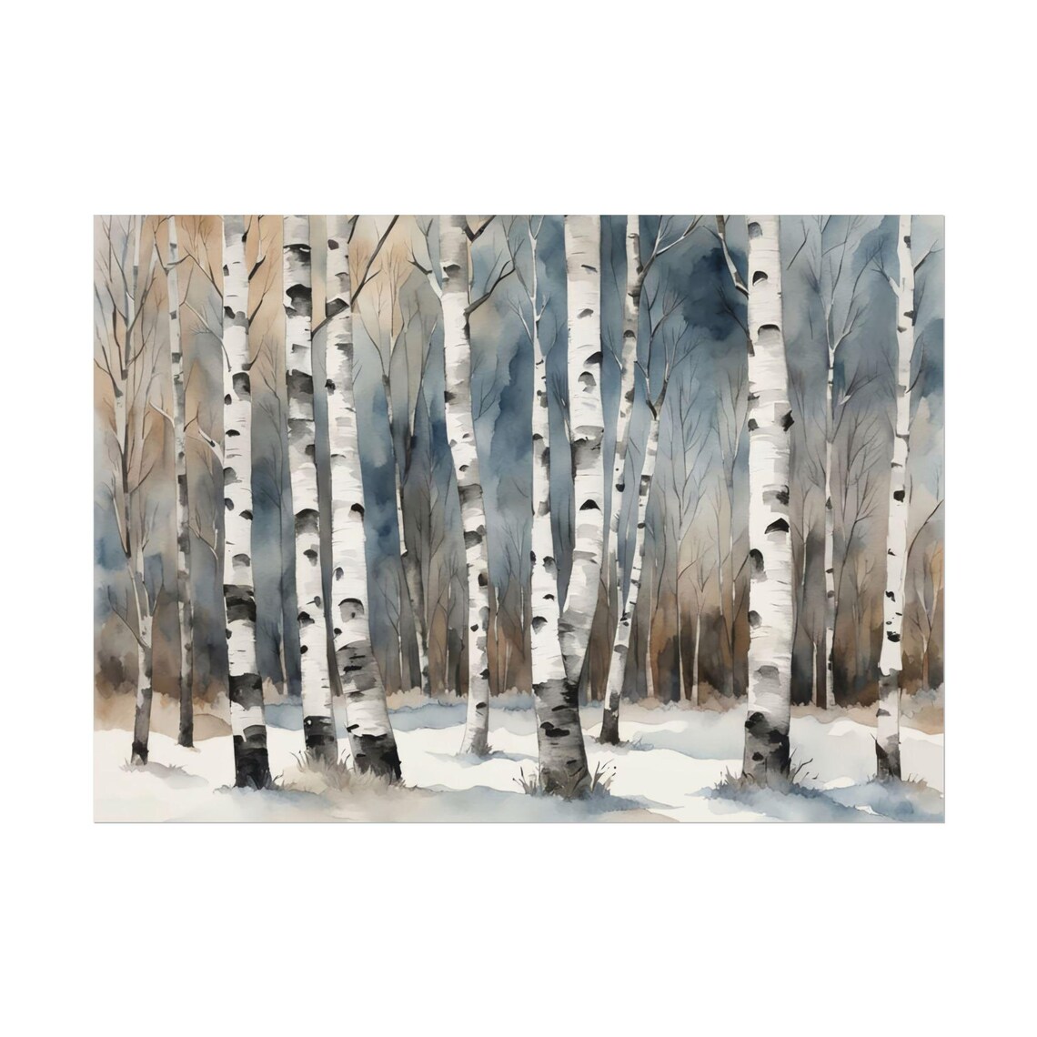 Winter Birch Trees Blue Watercolor Art Print