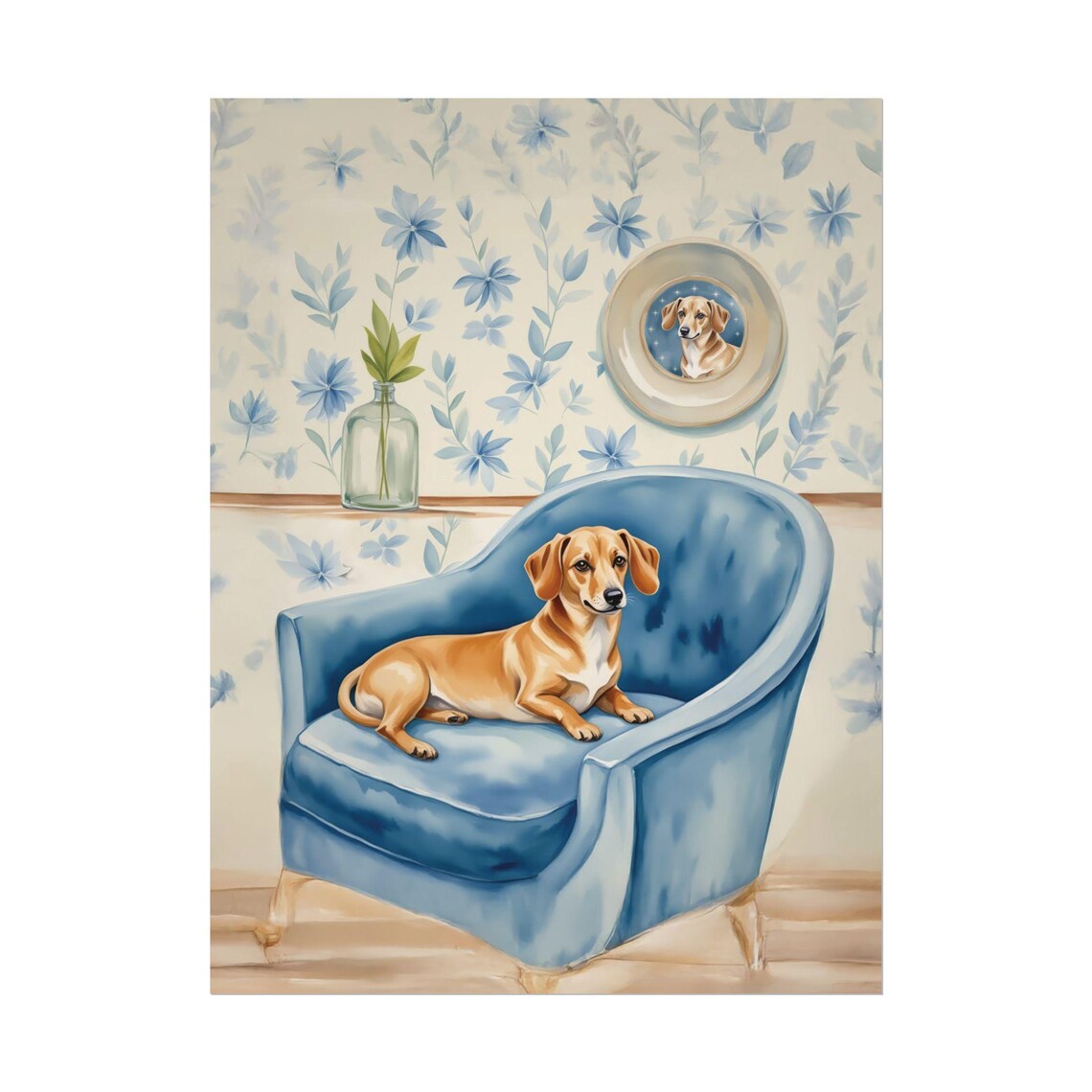 Tan Dachshund Blue Velvet Armchair Floral Wallpaper Art Dog Poster