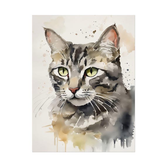Gray Tabby Cat Watercolor Painting Pets Art Print Animal Wall Poster Family Feline Pet