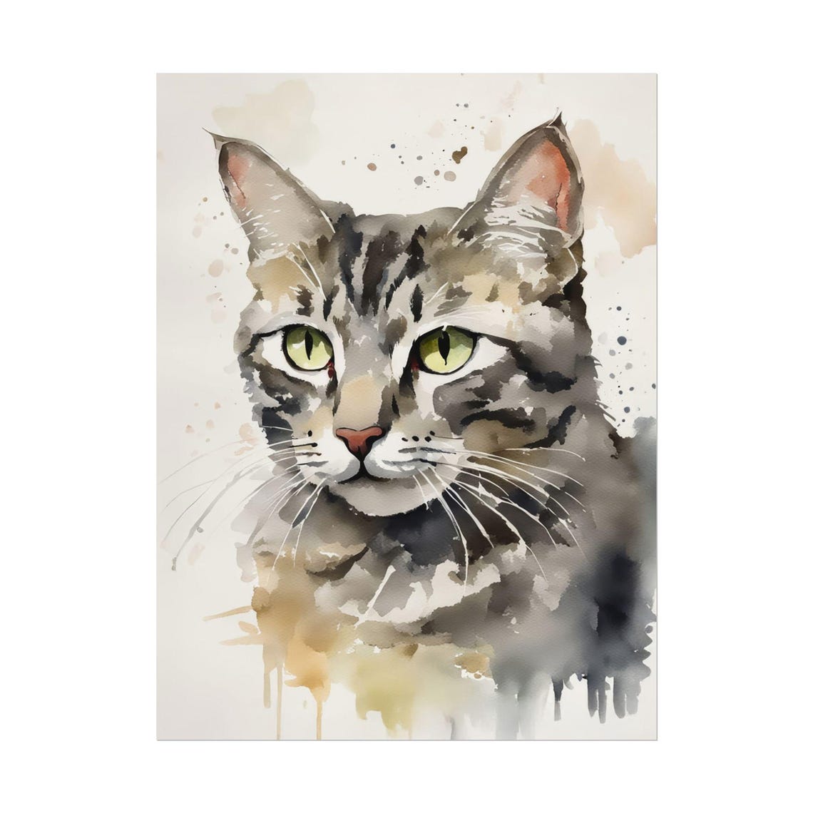 Gray Tabby Cat Watercolor Portrait With Green Eyes Splatter Poster