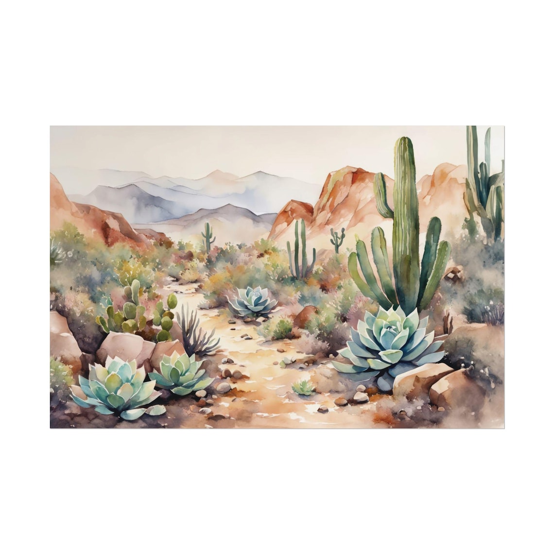 Mojave Desert Saguaro Cactus Succulents Watercolor Landscape Poster