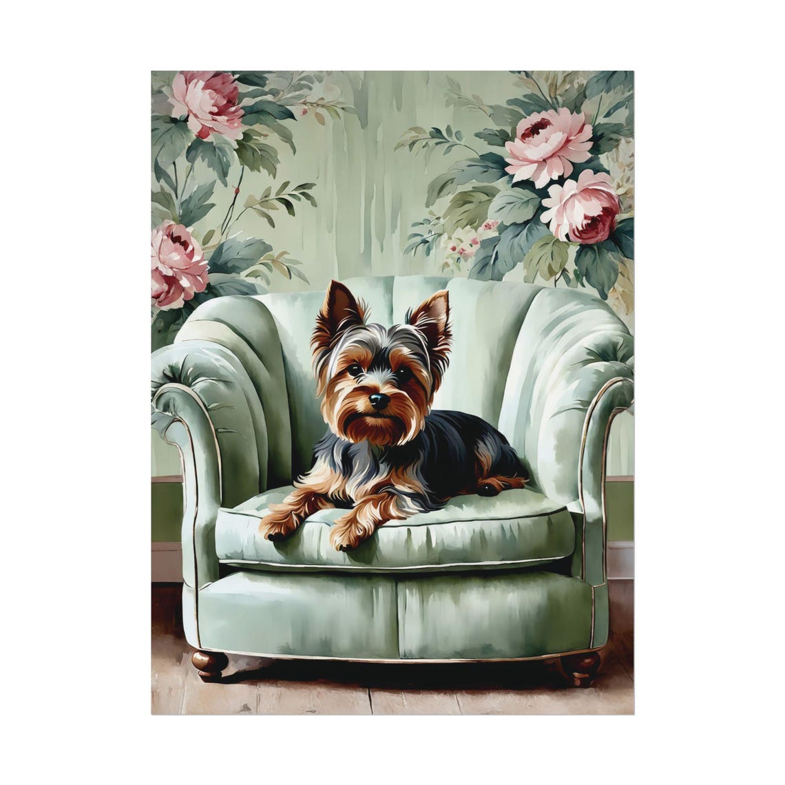 Yorkshire Terrier Art Print Sage Green Wall Cute Dog Lover Poster Gift Watercolor Painting