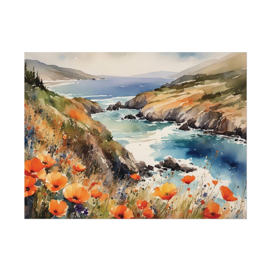 Big Sur Poppy Watercolor Art Print, Coastal Landscape