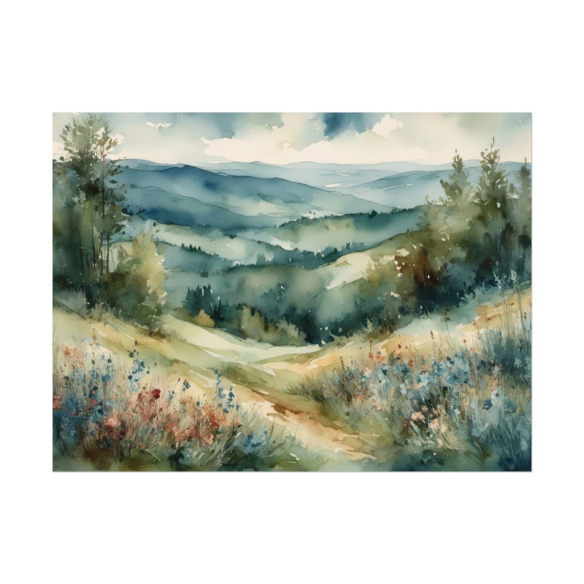Blue Ridge Mountains Wildflowers Watercolor Path Meadow Vista Poster