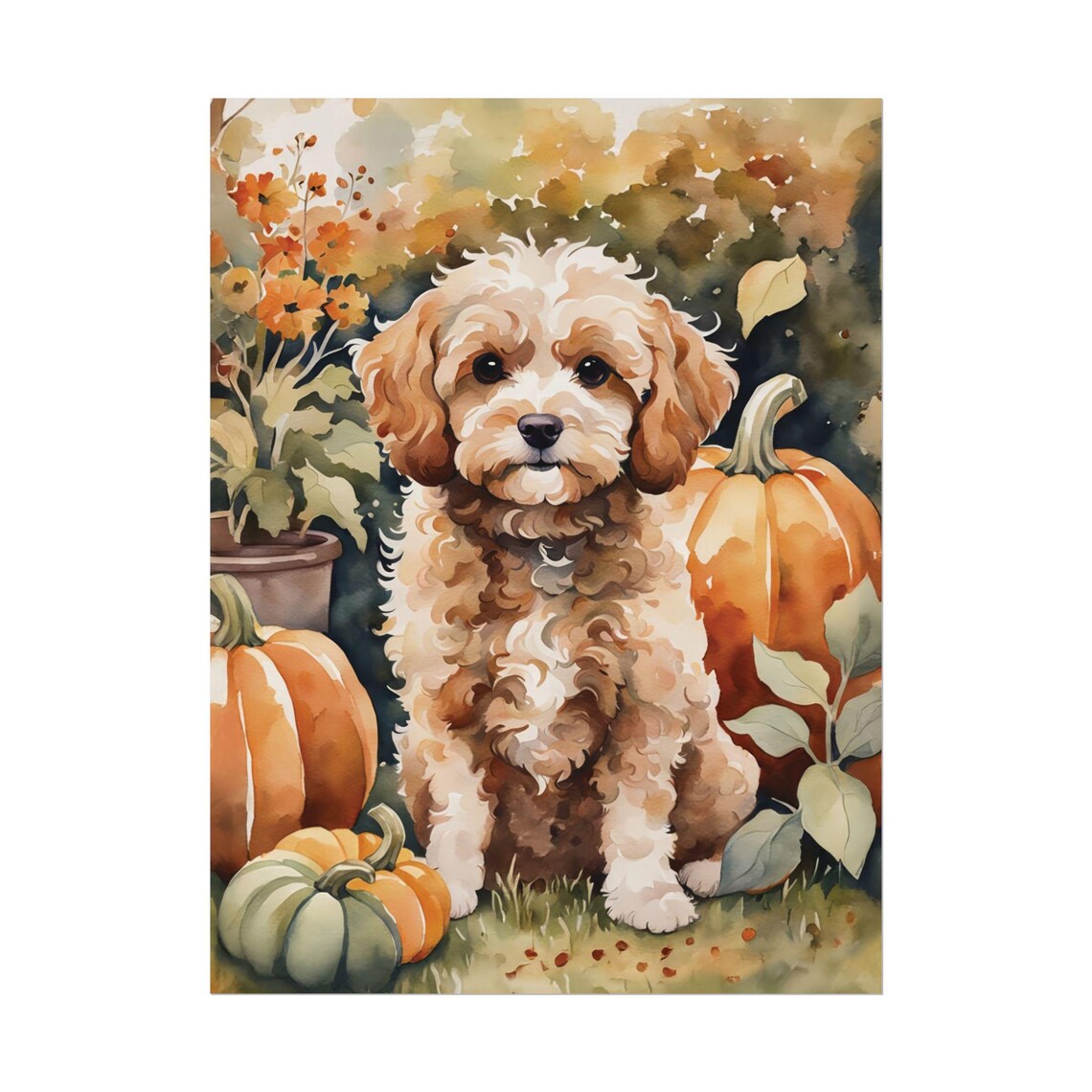 Autumn Cavapoo And Pumpkins Art Print Dog Lover Gift Watercolor Pet Portrait Painting