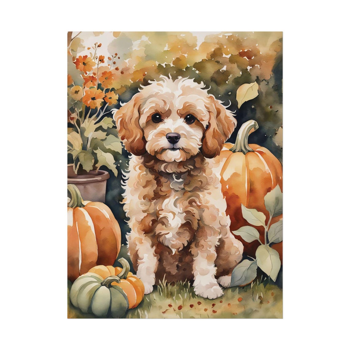 Cavapoo Puppy With Pumpkins Autumn Watercolor Pet Portrait Poster