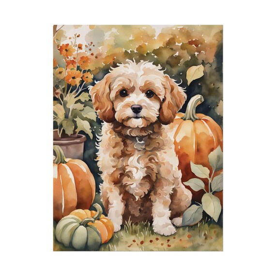 Autumn Cavapoo And Pumpkins Art Print Dog Lover Gift Watercolor Pet Portrait Painting