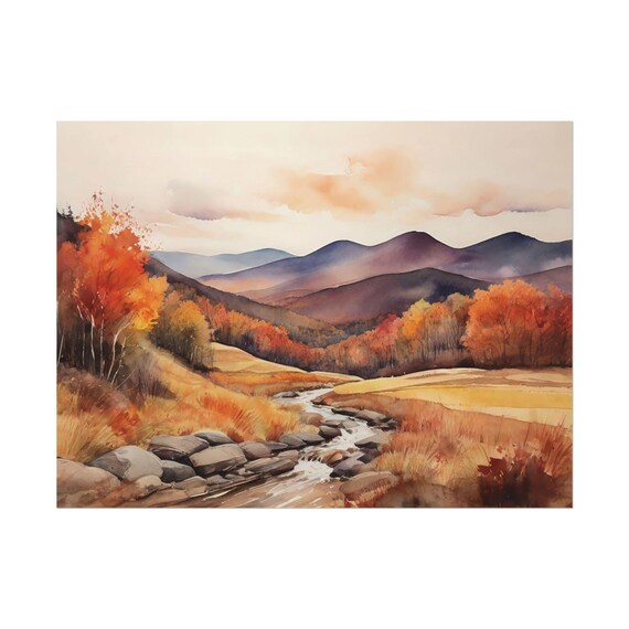 Catskill Mountains Watercolor Print New York Travel Poster Art Autumn Fields Meadows Fall Stream Artwork
