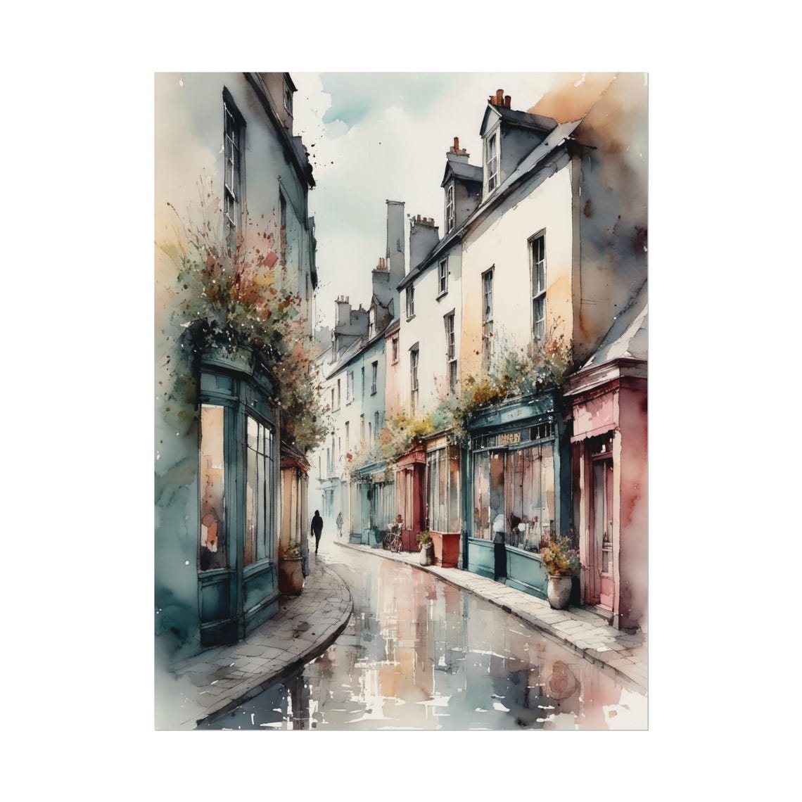 Rainy European Old Town Street Watercolor Cobblestone Art Print