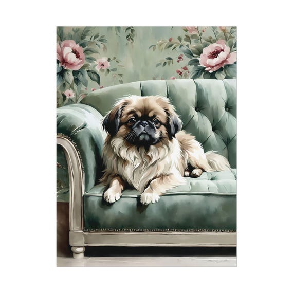 Pekingese Art Print Green Wall Cute Dog Lover Poster Gift Watercolor Painting