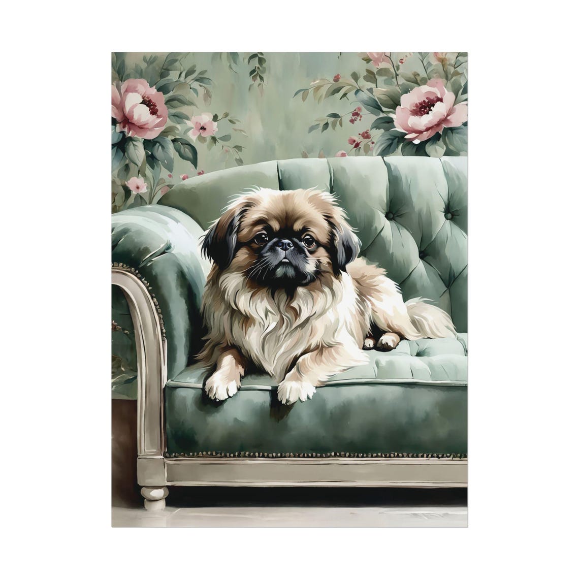 Pekingese Art Print Green Wall Cute Dog Lover Poster Gift Watercolor Painting