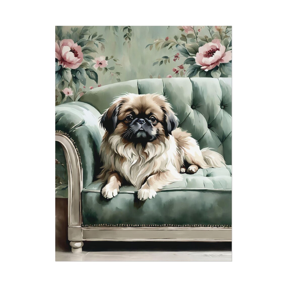 Pekingese Sage Green Sofa Floral Watercolor Lion Dog Portrait Poster
