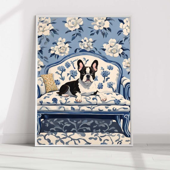 French Bulldog Art Print Blue Floral Chinoiserie Wall Dog Lover Poster Unique Gift Watercolor Painting Home Decor