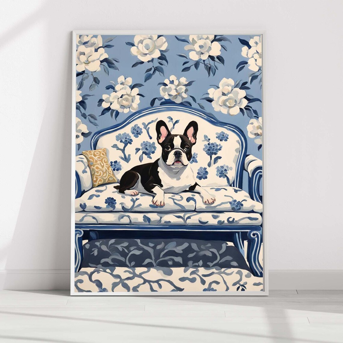 French Bulldog Chinoiserie Couch Blue Floral Dog Portrait Wall Art