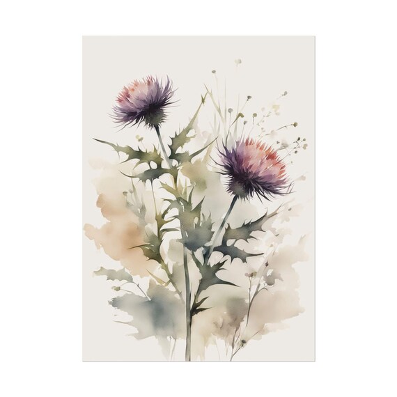 Thistle Flowers Painting Wildflowers Watercolor Print Minimalist Floral Botanical Wall Art