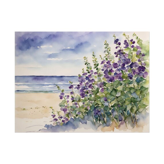 Blooming Purple Wildflowers on Sandy Beach Coastal Watercolor Poster