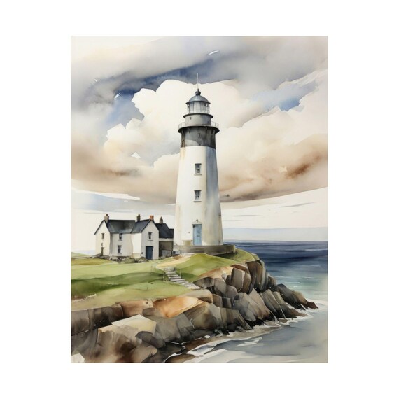 Lighthouse on Rocky Coastal Cliffs Watercolor Seascape Poster