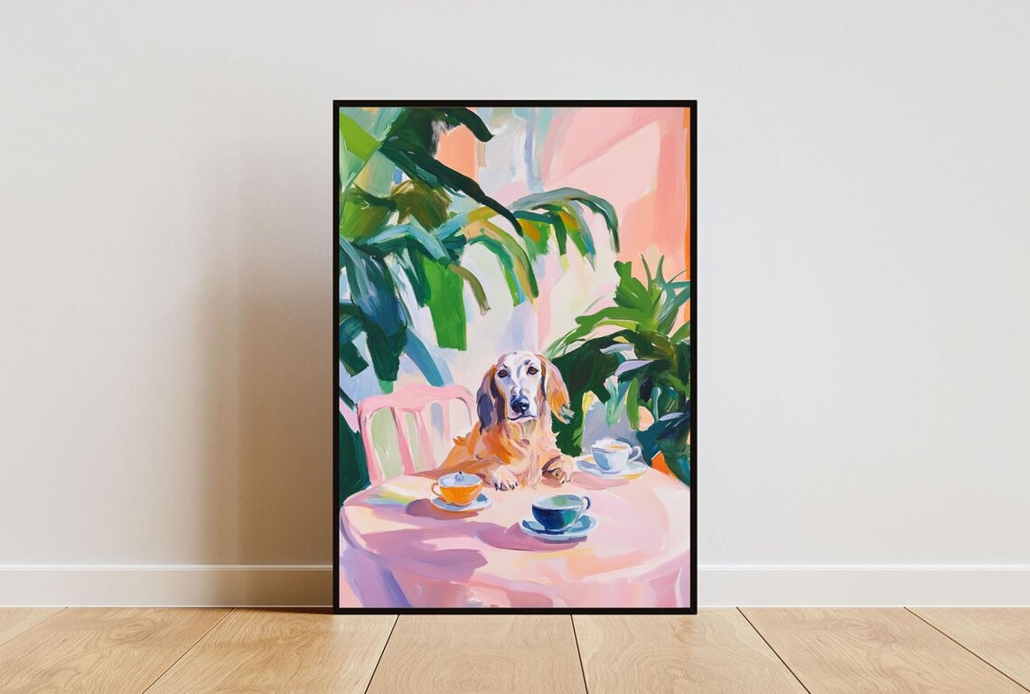 Longhaired Dachshund Tea Party Golden Puppy Oil Painting Pet Poster