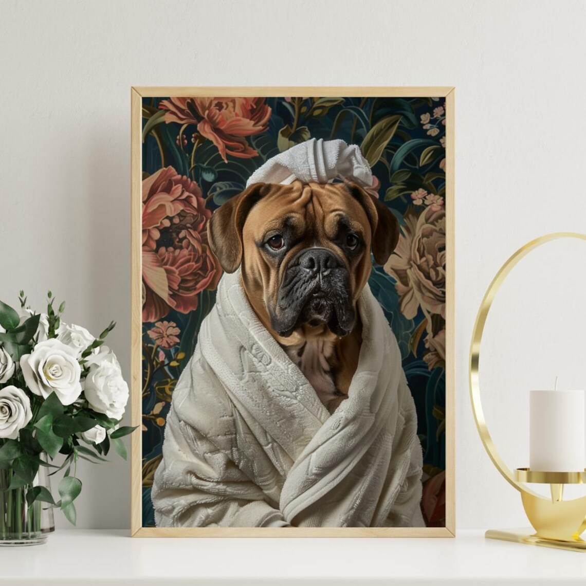 Bullmastiff Dog Bathrobe Towel Turban Dark Floral Portrait Poster - Image 3