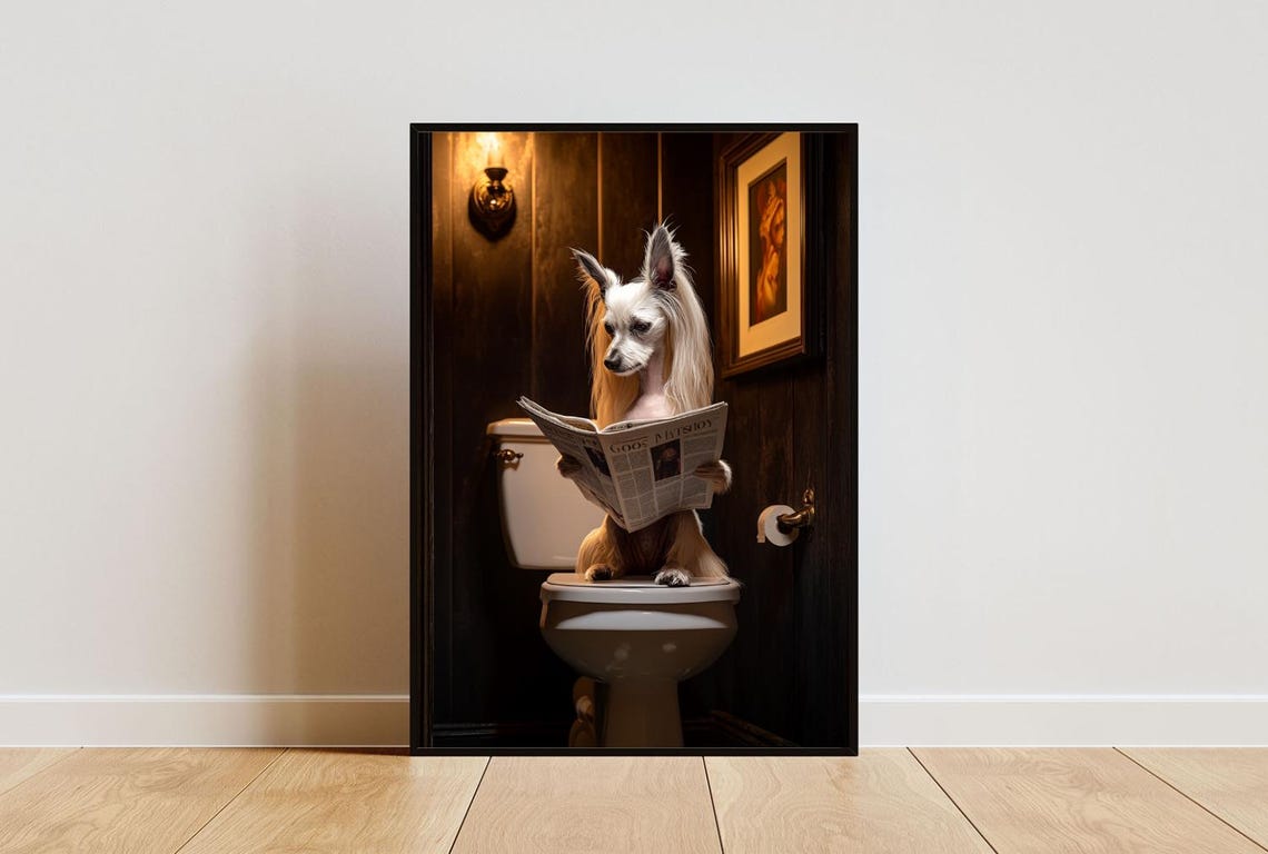 Chinese Crested Dog On Toilet Poster Dog Poster Chinese Crested Bathroom Print Dog Toilet Chinese Crested Portrait Dog Bathroom Poster