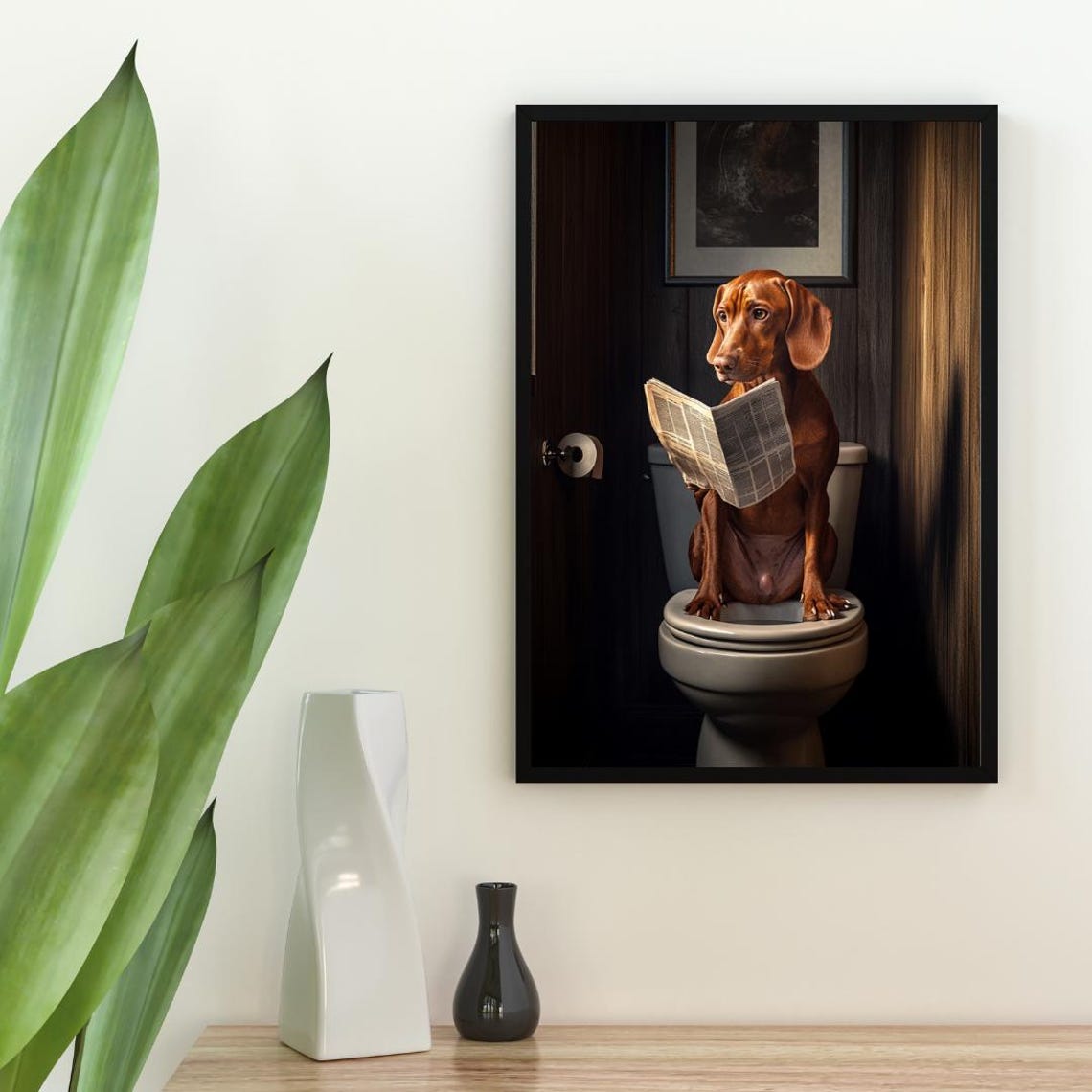 Vizsla Dog On Toilet Reading Newspaper Funny Bathroom Poster Decor - Image 2