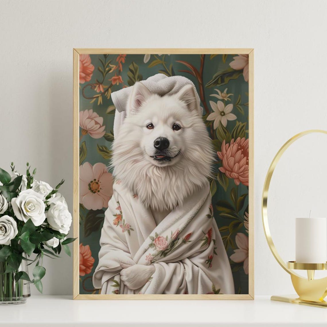 Samoyed in Bathrobe Dog Portrait Poster Cute Spa Day Bathroom Decor - Image 3