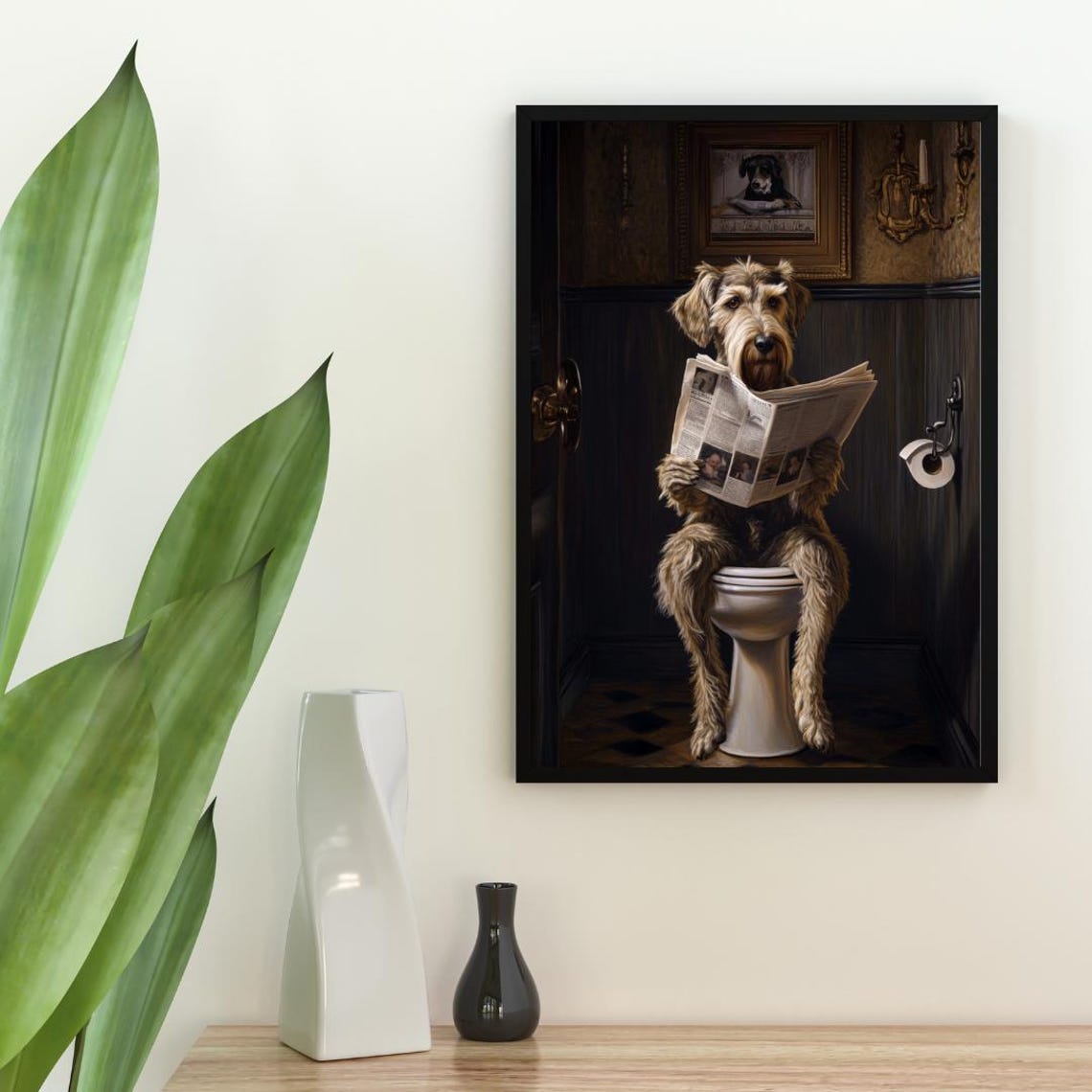 Irish Wolfhound on a Toilet Reading a Newspaper in a Bathroom Poster - Image 2