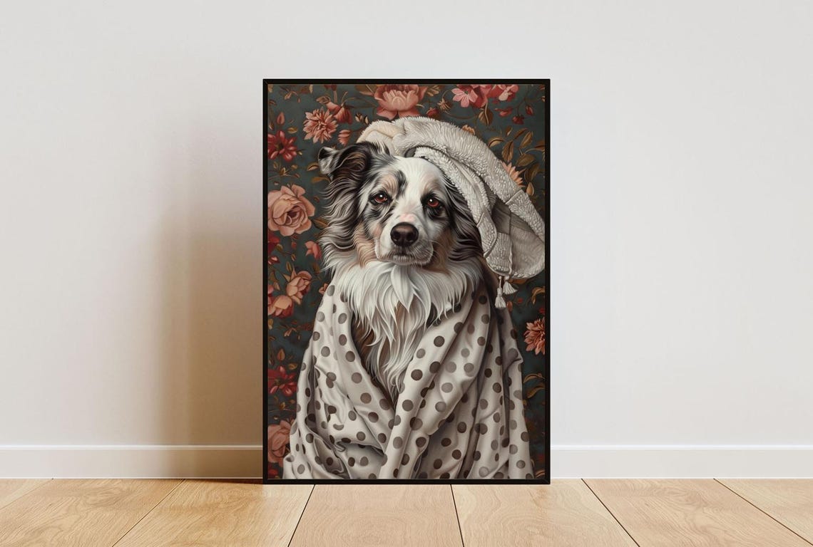 Fluffy Australian Shepherd Dog in Bathrobe Fun Spa Day Art Poster