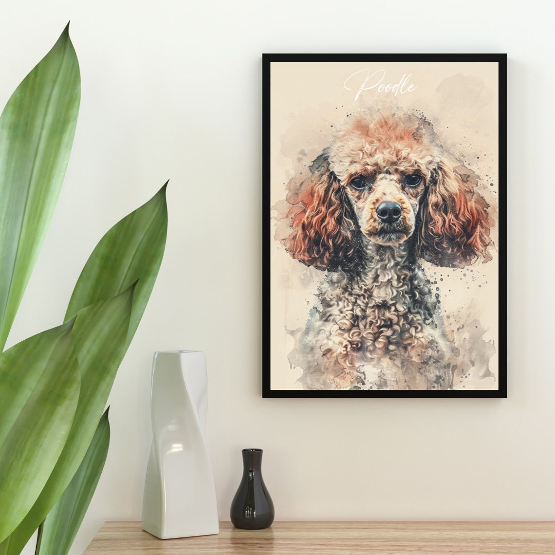 Poodle Watercolor Dog Breed Portrait Poster Script Name Detail - Image 2