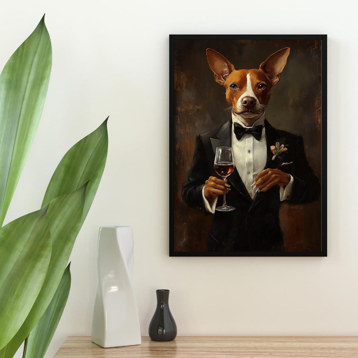 Basenji In Tuxedo Holding Red Wine Glass Elegant Dog Portrait Poster - Image 2