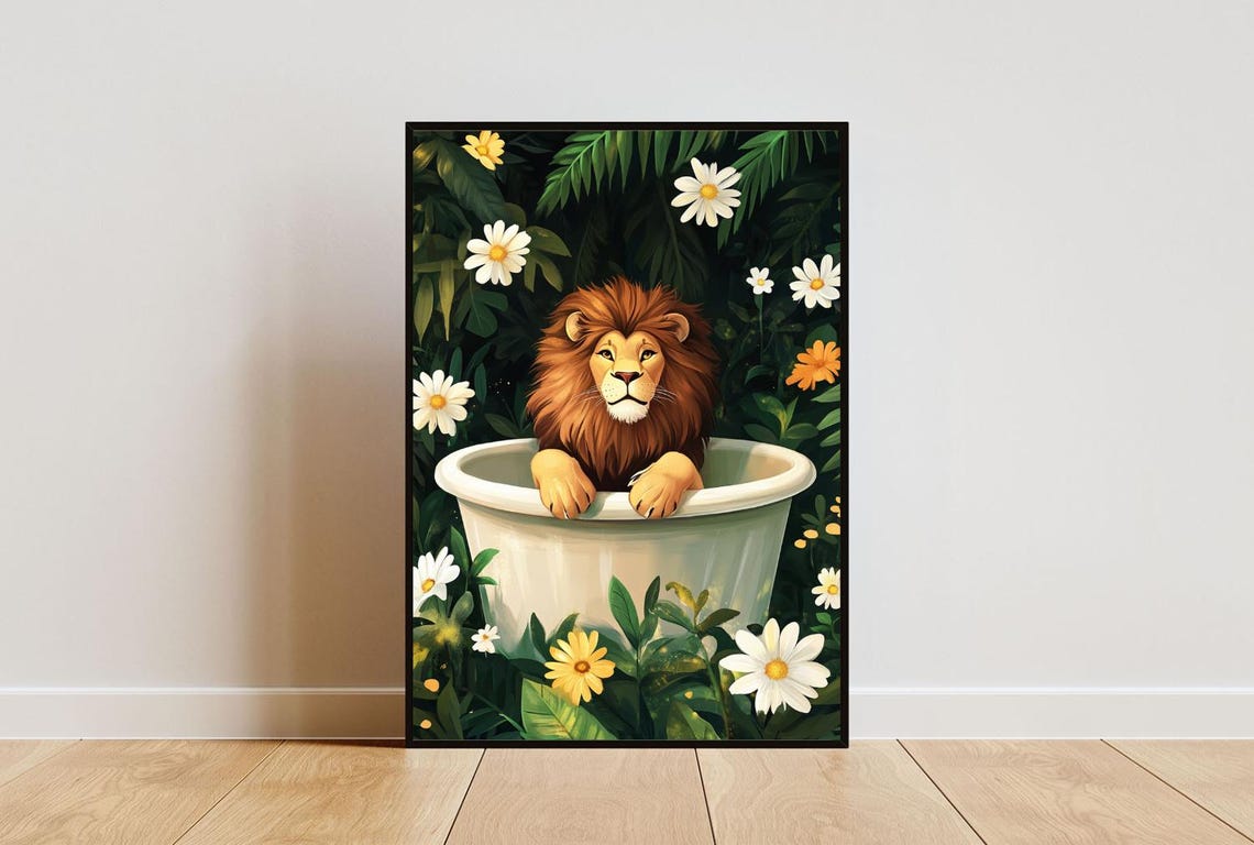 Lion In Bathtub Poster Funny Animal Poster Lion Bathroom Print Lion Bath Poster Animal Bathroom Wall Art Animal Print Lion Poster