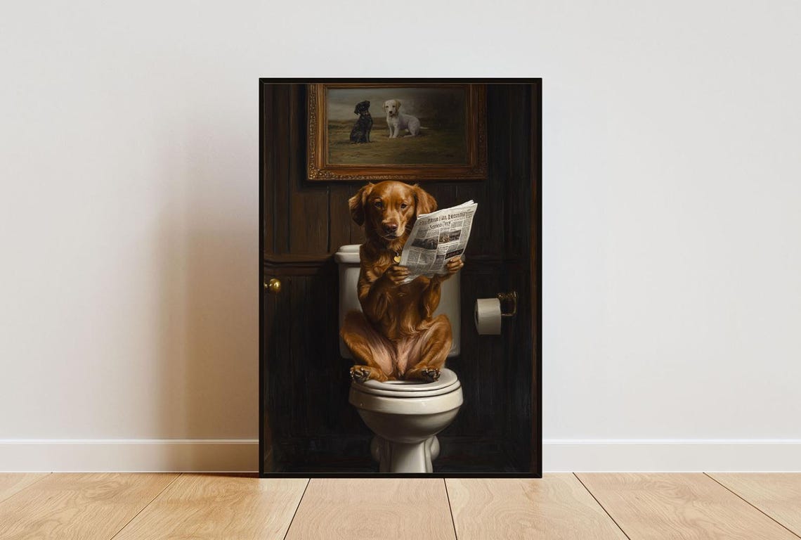 Chesapeake Bay Retriever On Toilet Reading Newspaper Bathroom Poster