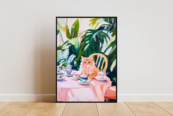 Fluffy Orange Cat at Tea Table Whimsical Pet Painting Portrait Poster