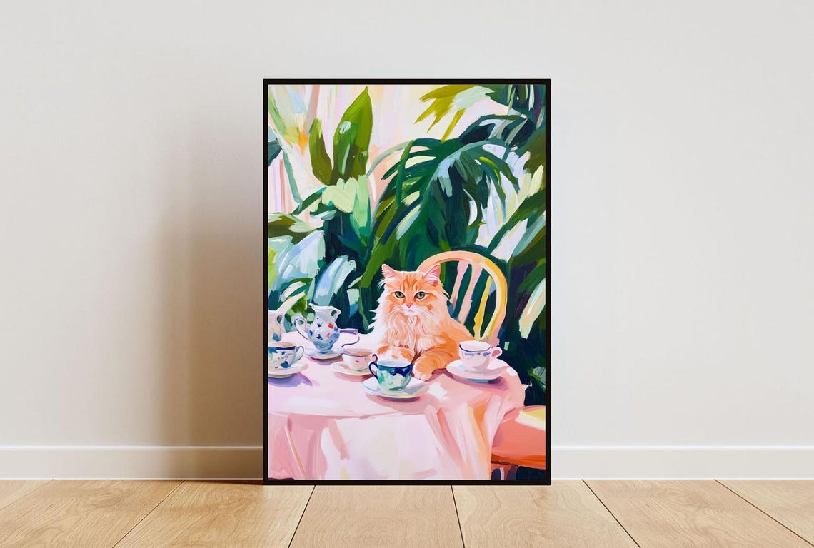 Fluffy Orange Cat at Tea Table Whimsical Pet Painting Portrait Poster