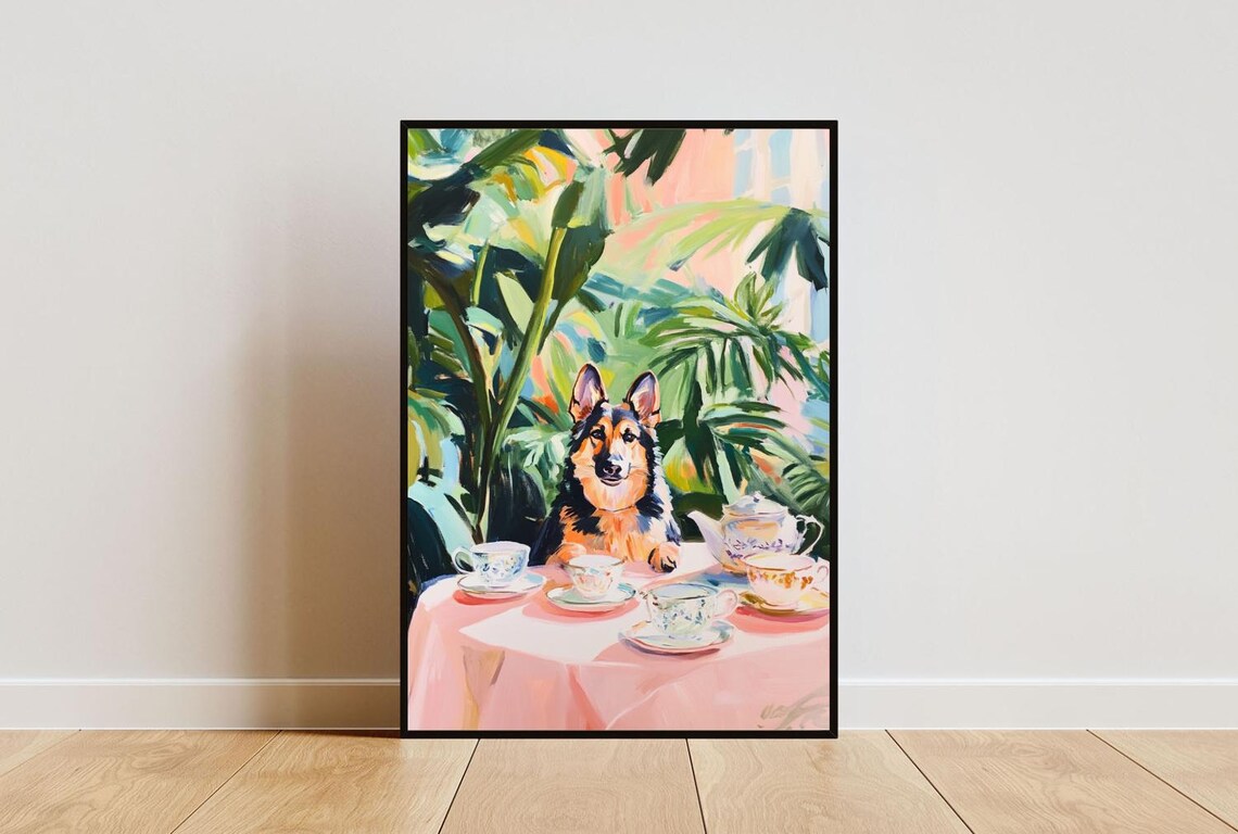 German Shepherd Dog Garden Tea Party Pastel Painting Style Poster