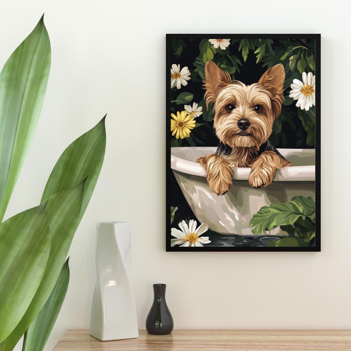Yorkshire Terrier in Bathtub Tiny Dog Bathroom Daisy Floral Art Poster - Image 2