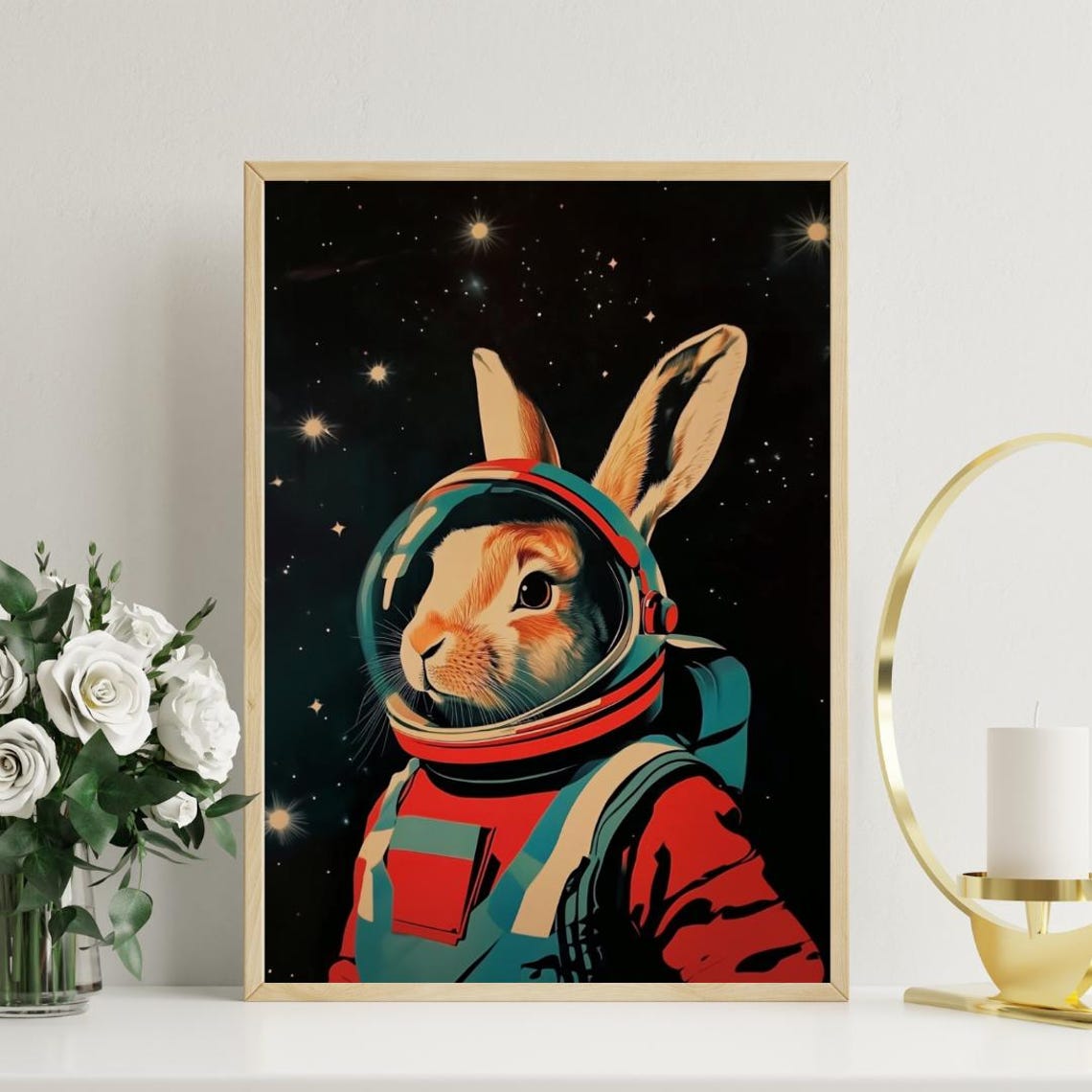 Vintage Rabbit Astronaut Starry Night Retro Space Portrait Art Poster - Image 3