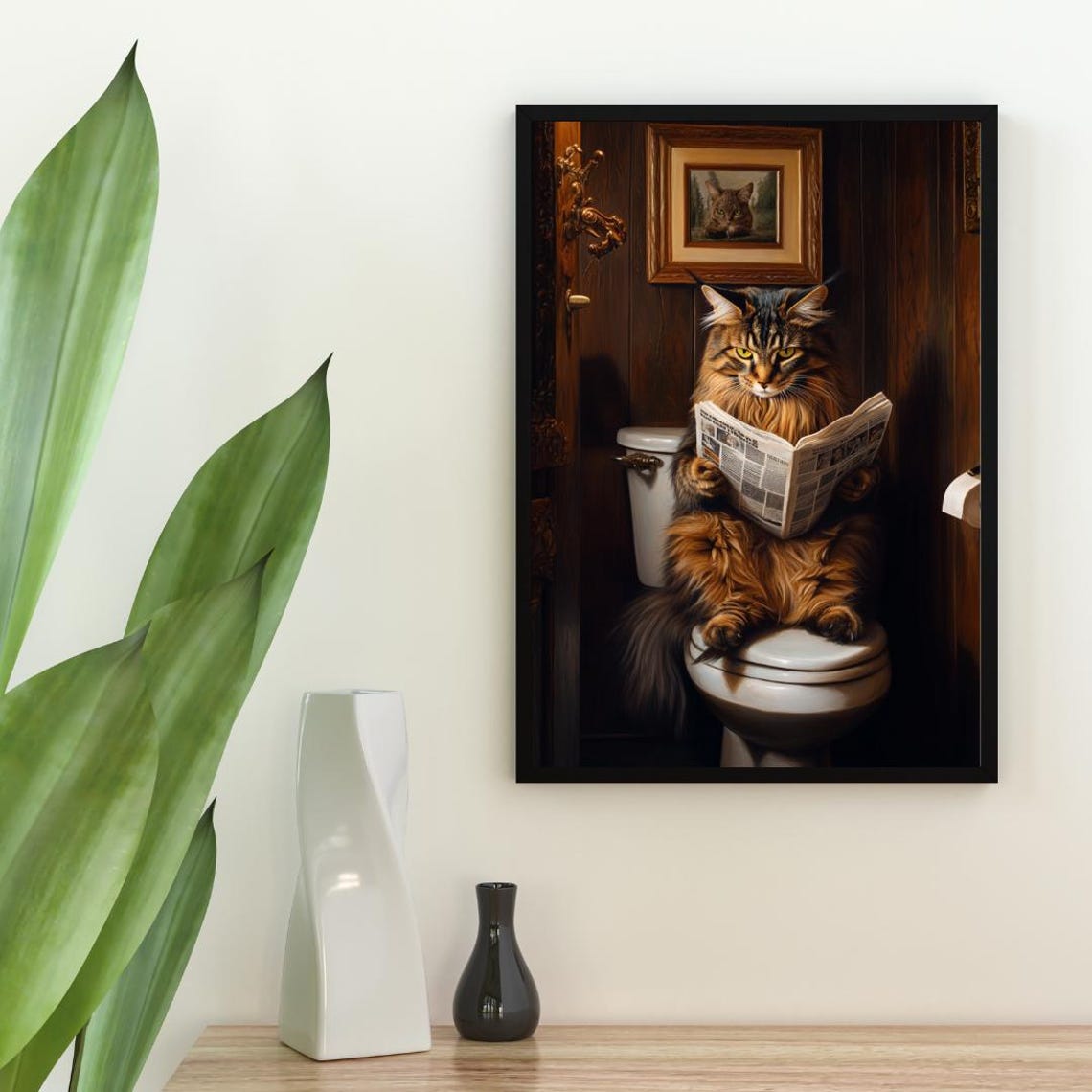 Maine Coon Cat on a Toilet Reading a Newspaper in a Bathroom Poster - Image 2