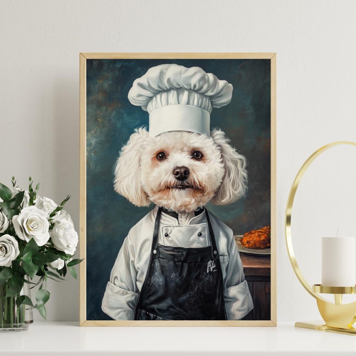 Bichon Frise Chef Portrait Hat Black Apron Funny Dog Kitchen Poster - Image 3