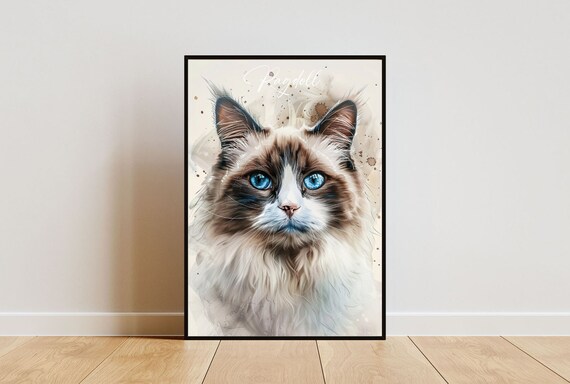 Ragdoll Cat Watercolor Portrait Blue Eyes Elegant Fine Art Poster