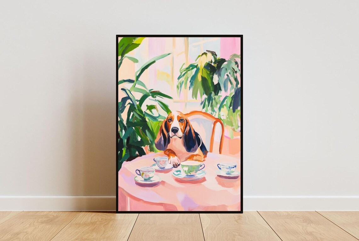 Basset Hound Dog Garden Tea Party Pastel Oil Painting Poster