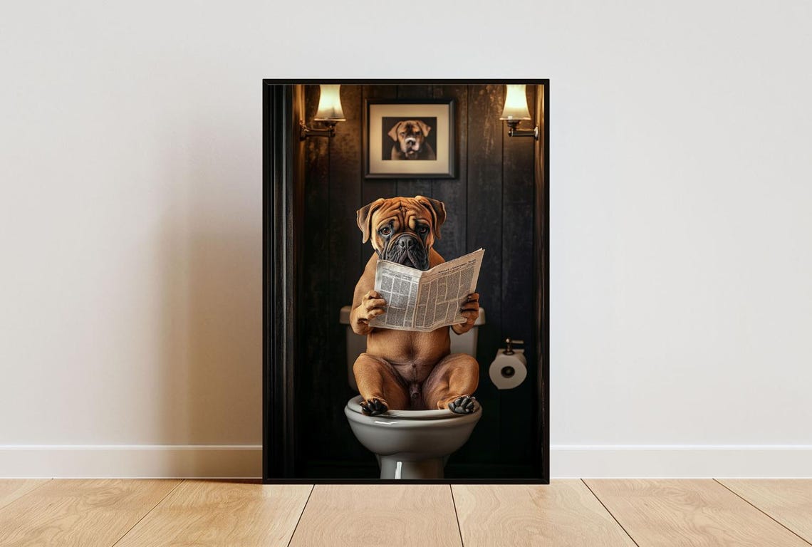 Bullmastiff Dog Reading Newspaper On Toilet Funny Bathroom Poster