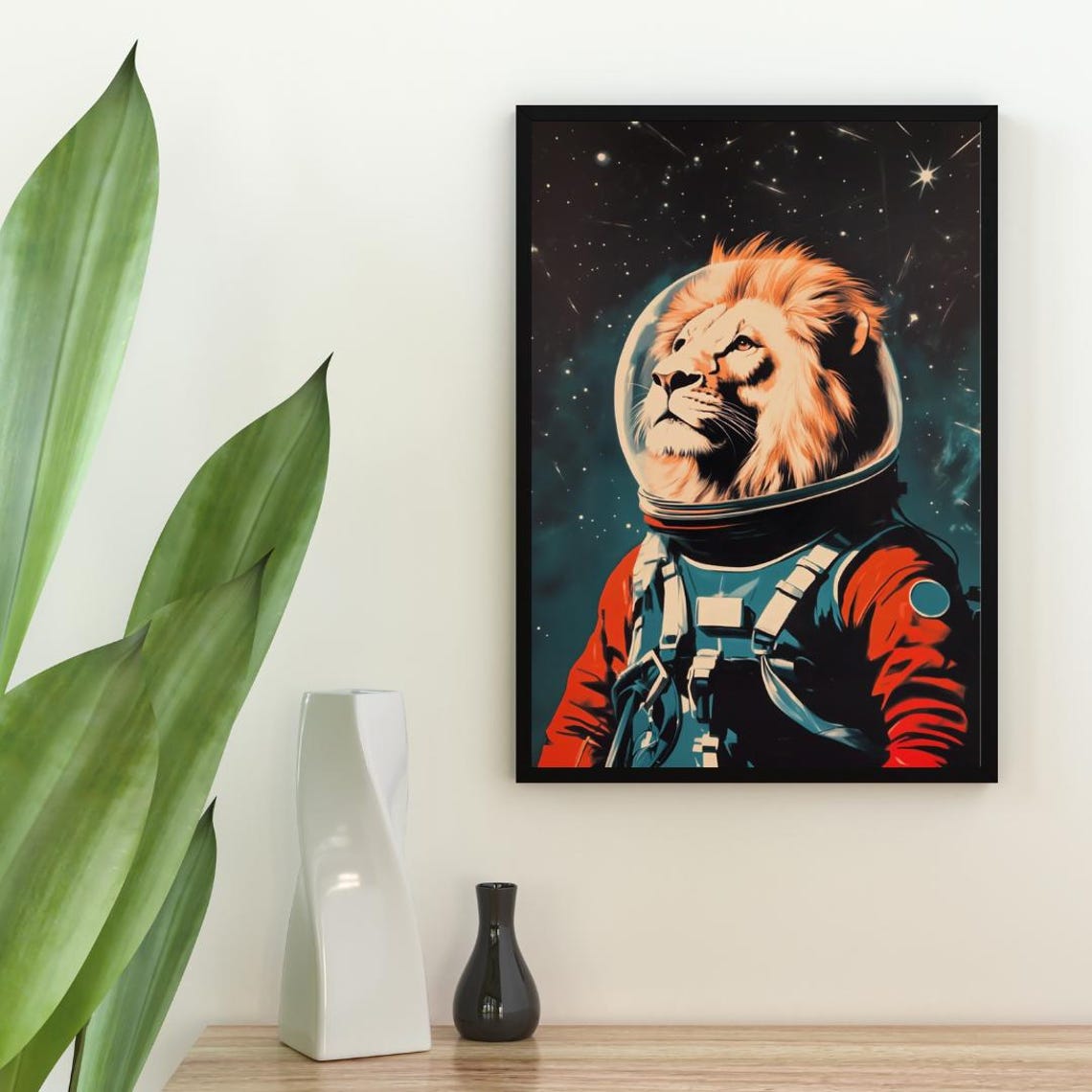 Lion Astronaut Vintage Retro Starry Space Portrait Poster Art - Image 2