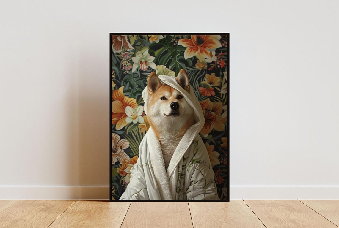 Akita In Bathrobe Bathroom Dog Portrait Art Print