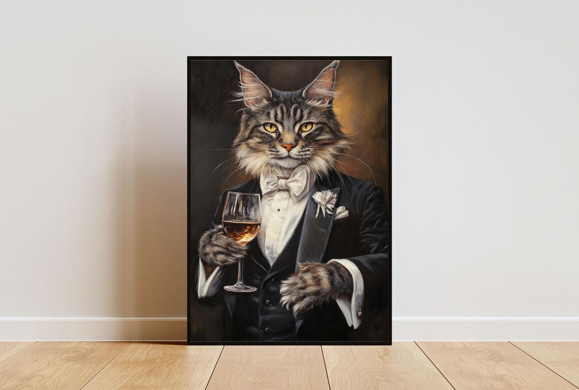Maine Coon Cat In Tuxedo Holding Rose Wine With White Bow Tie Portrait Poster